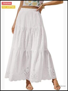 Flowy Boho Maxi Skirt High Waisted Ruffle Tiered Cotton